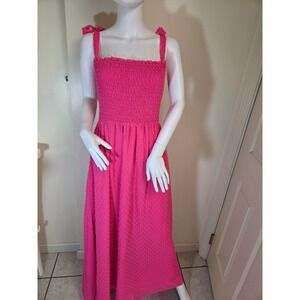 If By Sea Hot Pink Swiss Dot Smocked Maxi Dress Tie Shoulder Slit Size Large